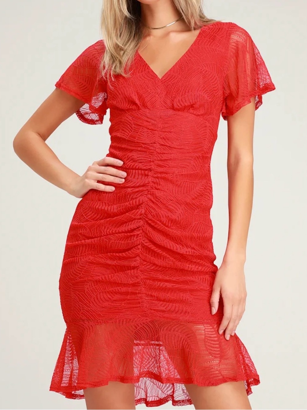 Lulu's Red Ruched V-Neck Mini Dress